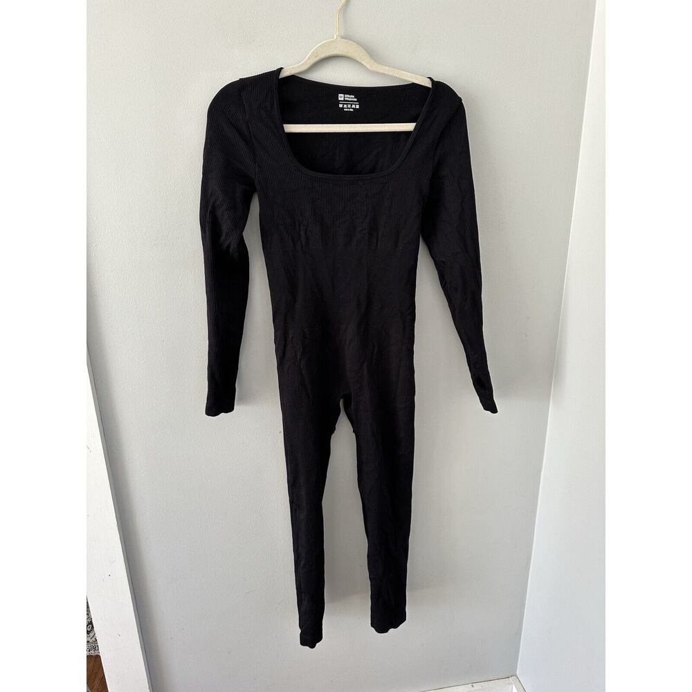 BLACK RIBBED FULL BODY LONG SLEEVE ACTIVEWEAR ONE-PIECE BODYSUIT SIZE Med